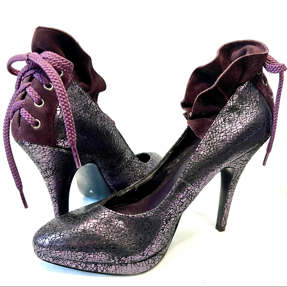 BCBGeneration Metallic Purple Glam Stiletto Suede Ruffle  6